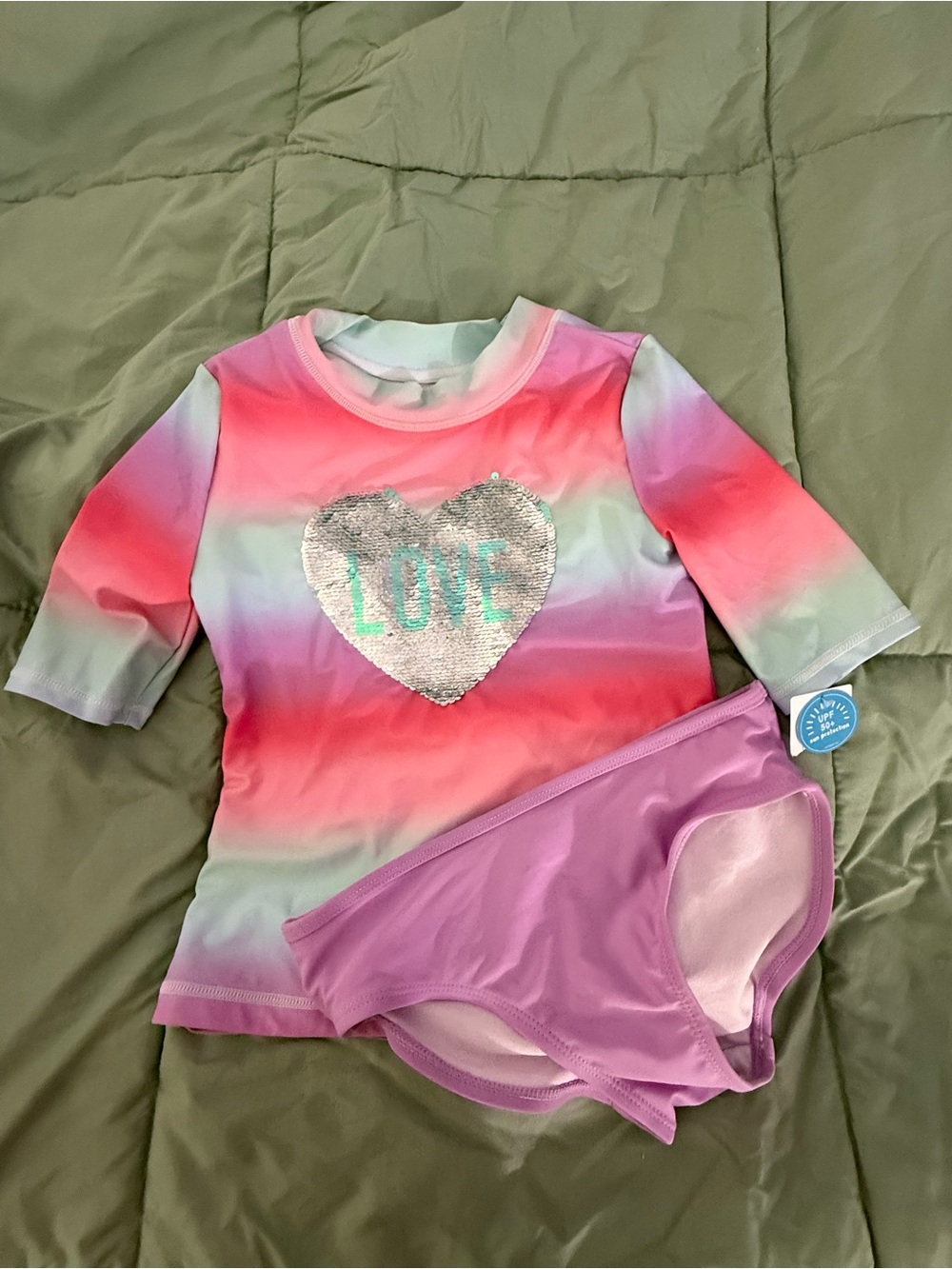 Carter's Multicolor Pastel Rainbow Rash Guard Set with Purple Bottoms
